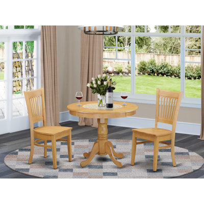 3 Piece Dining Table Set for Small Spaces Contains a Round Kitchen Table with Pedestal and 2 Dining Room Chairs, 36x36 Inch, Oak