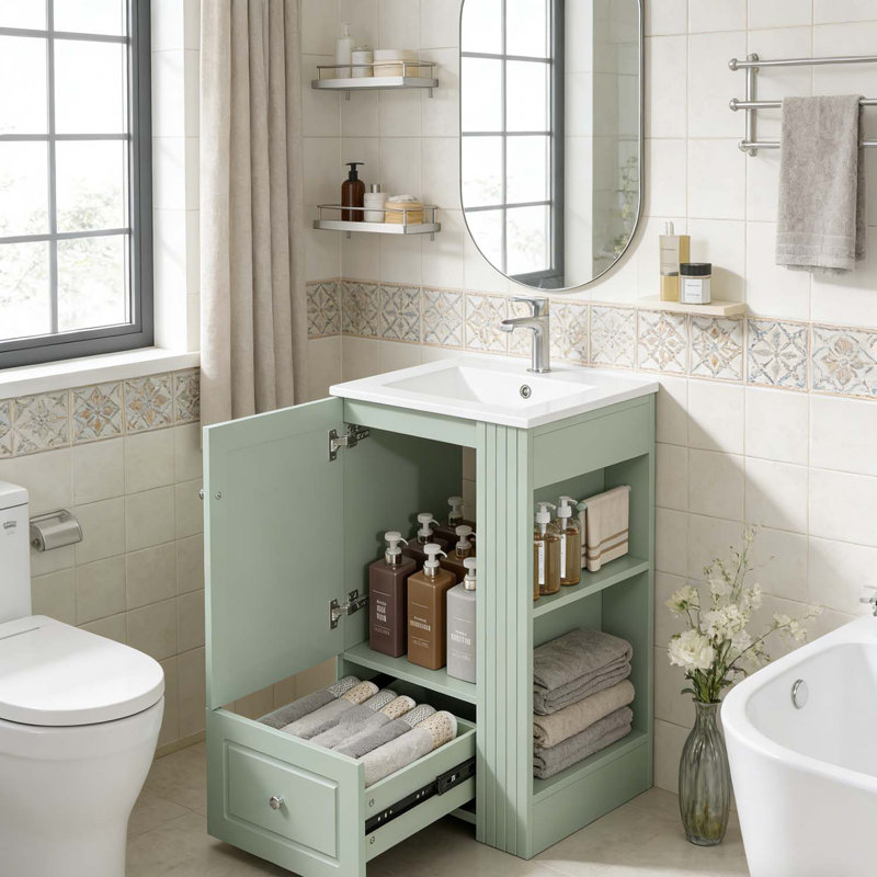 Meuble-lavabo autoportant avec lavabo en céramique, tablettes ouvertes, Vert