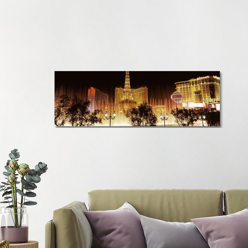 Hotels in a City Lit up at Night, the Strip, Las Vegas, Nevada, USA 1 Piece Wrapped Canvas Panoramic Wall Art