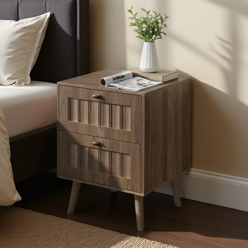15.75”mid-century Modern Walnut Nightstand, 2 Drawers, Solid Wood Legs, 2-pack