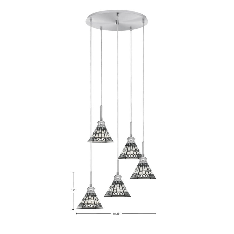 Luminaire suspendu en grappe à 5 lumières Edge, fini nickel brossé avec verre d'art étain de 7 po