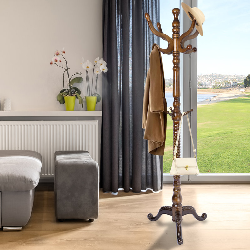 73" H Solid Wood Coat Rack With 14 Hooks – Freestanding Hall Tree For Entryway Or Bedroom, Walnut Tri-Legged