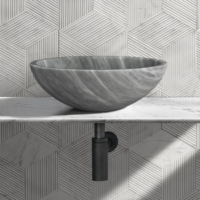 Lavabo vasque en marbre gris naturel, semi-poli, fini à la main, idéal pour la salle de bain 15,7 pouces de diamètre, 5,9 de hauteur, pièce solide