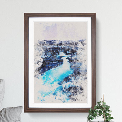 Winter Waterfall in Iceland Watercolour - Framed Print