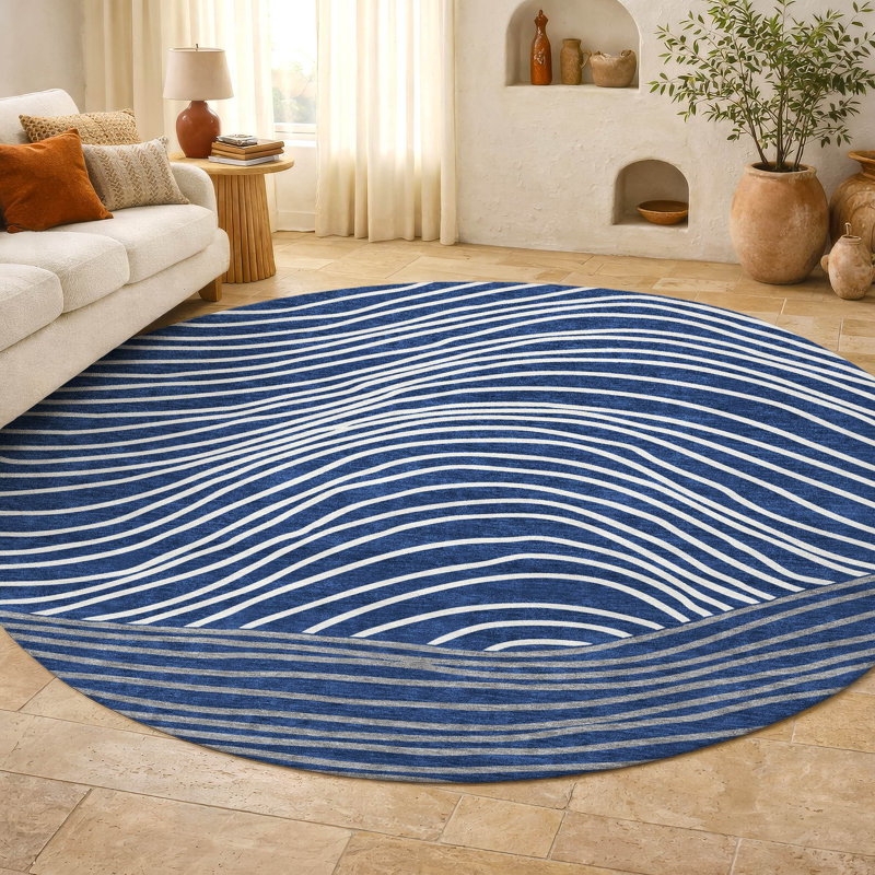 Premium Machine Washable Mayfield AMF2350 Stripes Rug, Navy, 8' Round