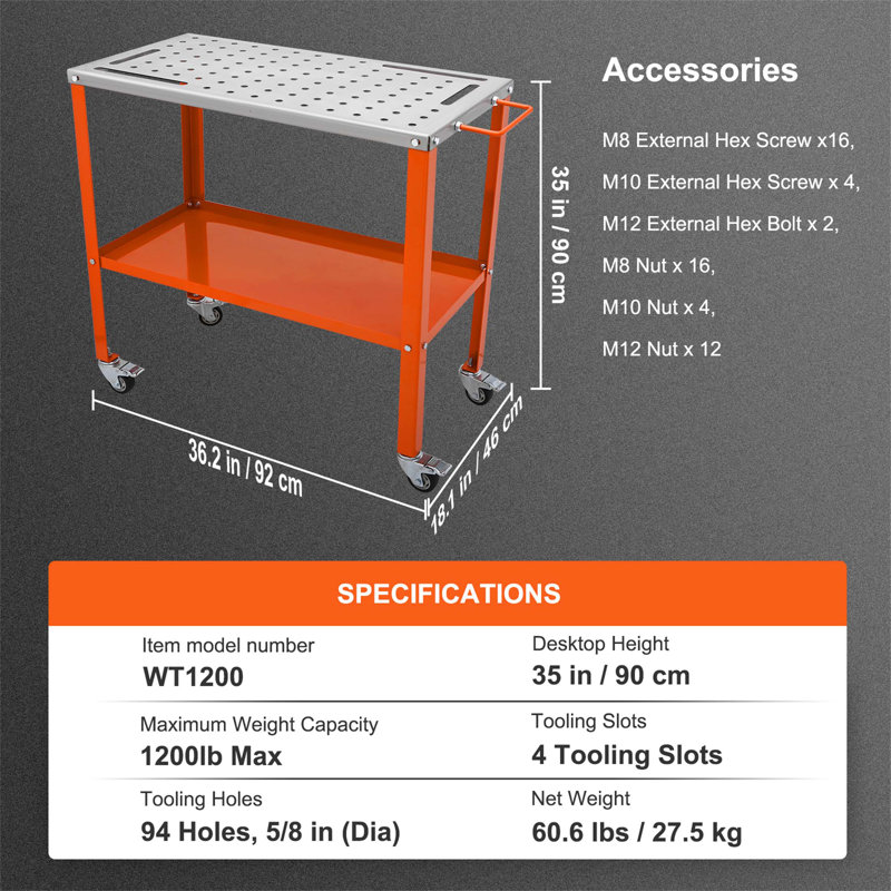 Table de soudage portative en acier avec capacité de charge de 1200 lb, roues, fentes pour outils et trous de fixation pour des espaces de travail polyvalents