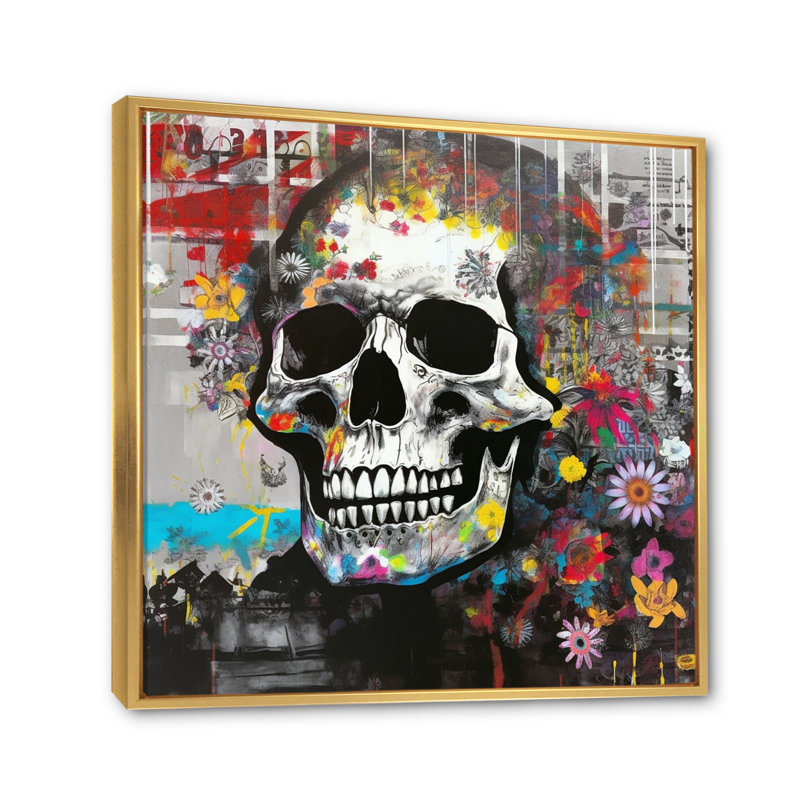 «Graffitied Skull I» sur toile, H 36 po x l 36 po x P 1,5 po, Cadre flottant doré