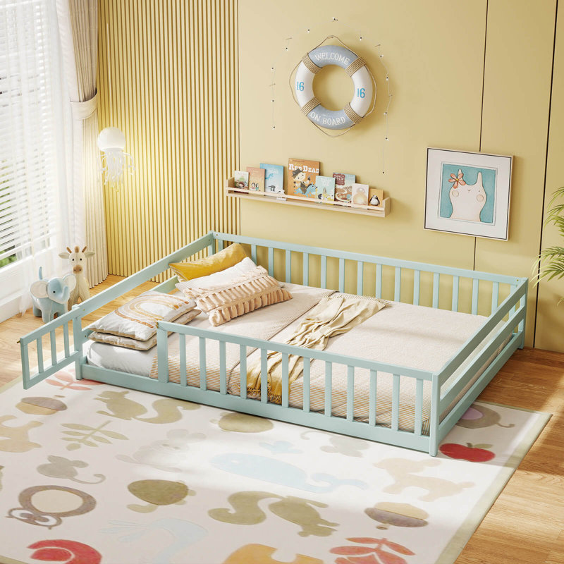 Full Size Floor Bed with Full Length Safety Guardrails & Door for Boys, Girls Mint Sky, Mint Sky