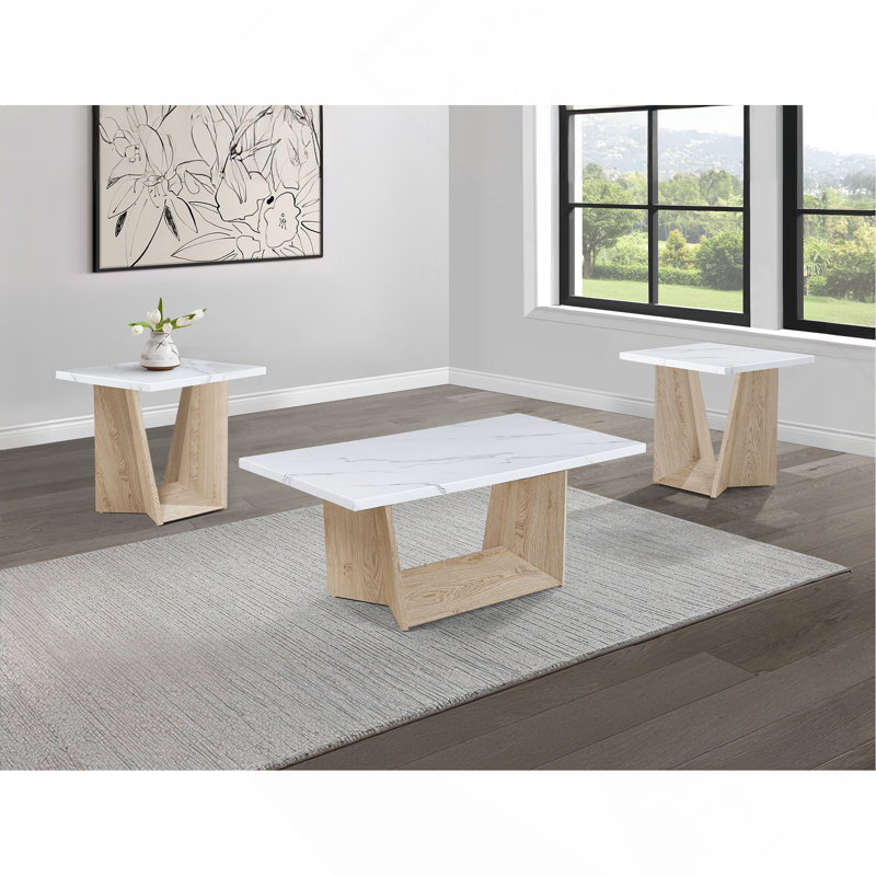 Ensemble de table basse moderne 3 pièces Table de bout Table de bout luxueuse avec plateau en faux marbre blanc et base en chêne blanc angulaire