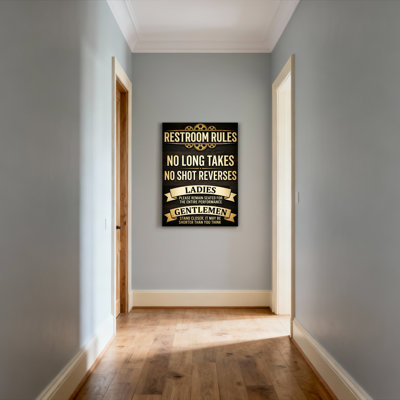 Restroom Rules Humor Canvas Wrapped Wall Art Oil Painting Print With Vintage Film Reel Design And Wooden Texture Style For Bathroom Decor