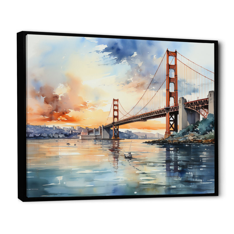 Edurardo Orange Bridge Golden Gateway IV - reproduction sur toile, H 30 po x l 40 po x P 1,5 po, Cadre flottant noir