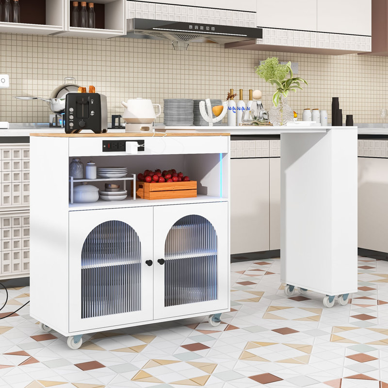 Îlot de cuisine roulant avec table allongée, îlot de cuisine avec lumière DEL, prises de courant et rangement, Blanc