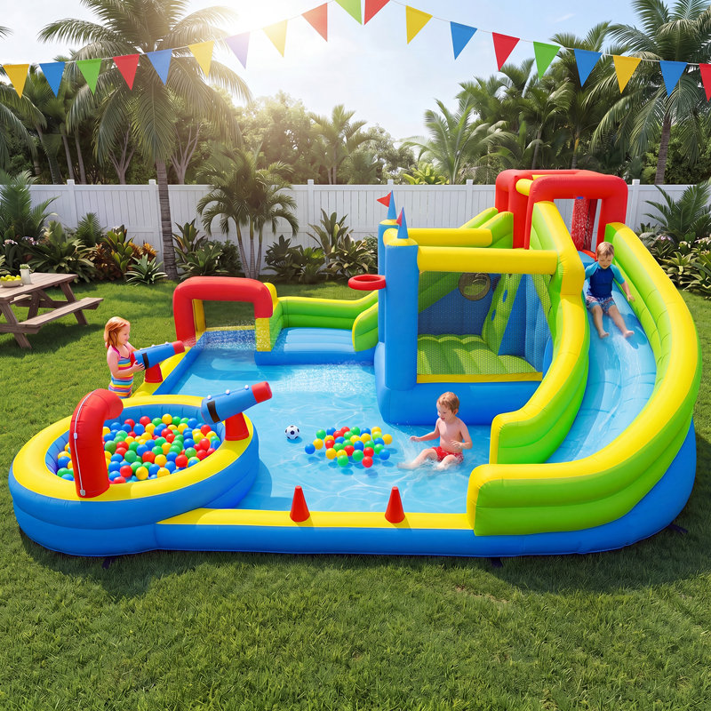 14x17ft Inflatable Bounce House, 8-in-1 Double Water Slides with 750W Air Blower, Climbing Wall, Water Gun, Soccer Goal & Basketball Hoop - Outdoor Backyard Water Park for Kids 3-8