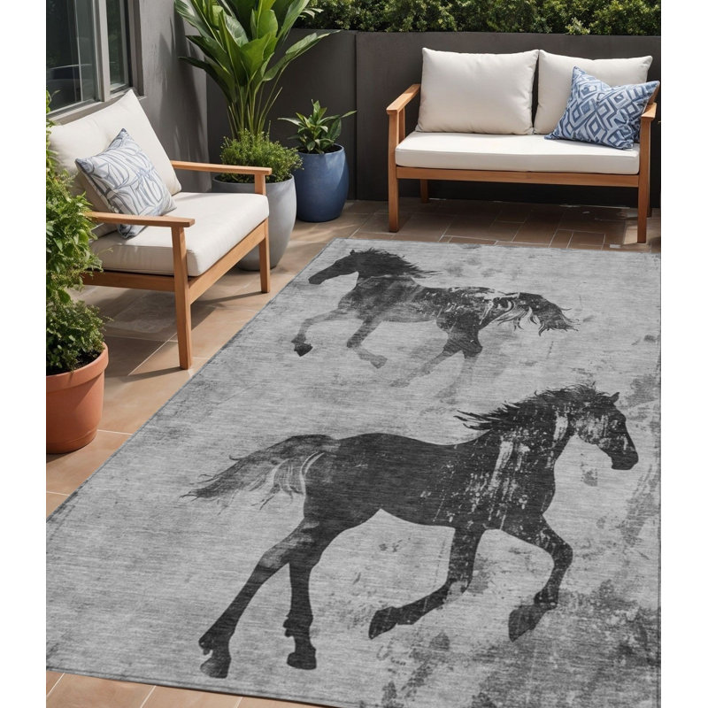 Tapis d'intérieur gris et gris anthracite lavable à cheval 5 pi x 8 pi