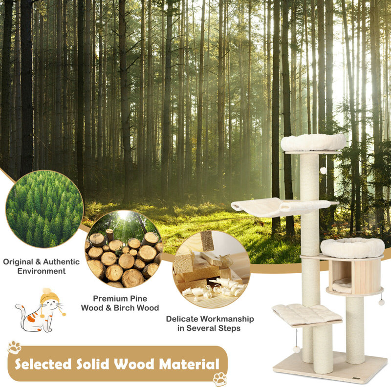 Aylisha 68.5'' Tall Natural Pine and Birch Cat Tree