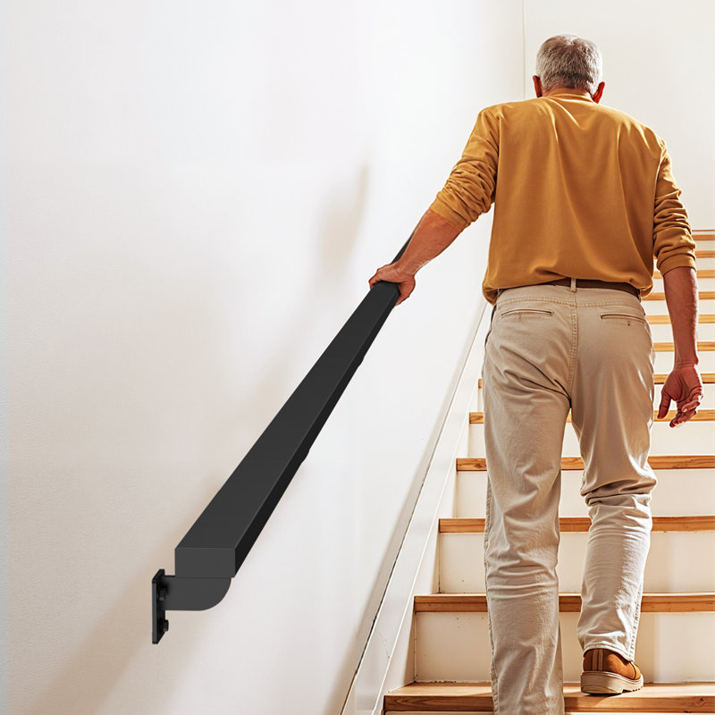 Wall Mounted Stair Handrail, 4575mm Black Aluminum Staircase Handrail Indoor, 113kg Load Capacity, Industrial Railing Hand Rail for Steps,  Square Tube for Loft Porch Deck, 6 Sections