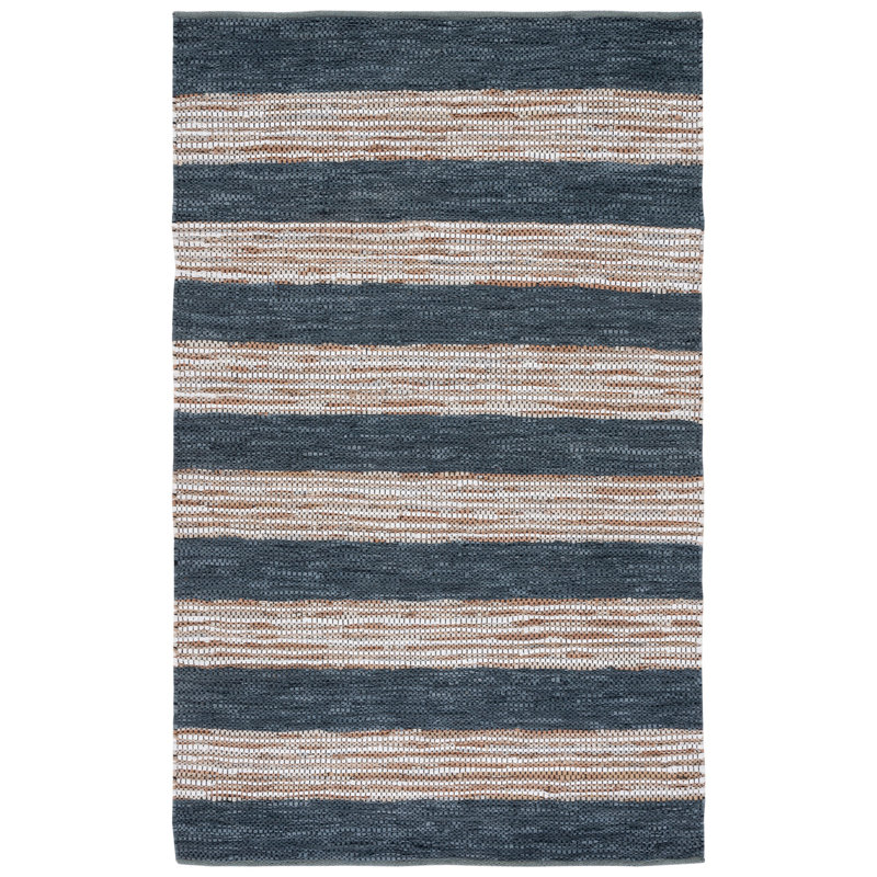 Tapis en cuir tissé à la main / à rayures en jute gris foncé / brun Gered, Rectangle 5 pi x 8 pi