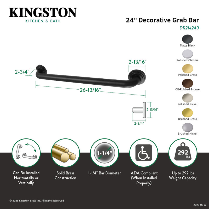 Kingston Brass Milano 1-1/4 Inch O.D Grab Bar, 24" W, Brushed Nickel