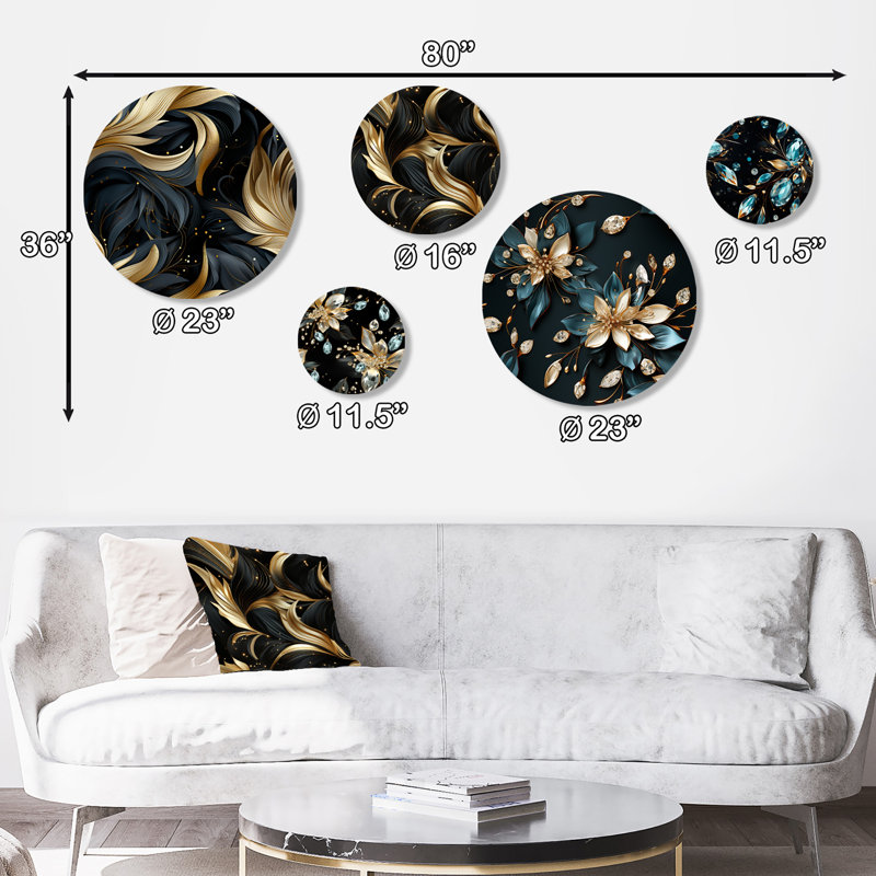 «Midnight Charm», ensemble d'art mural rond doré glamour et noir II