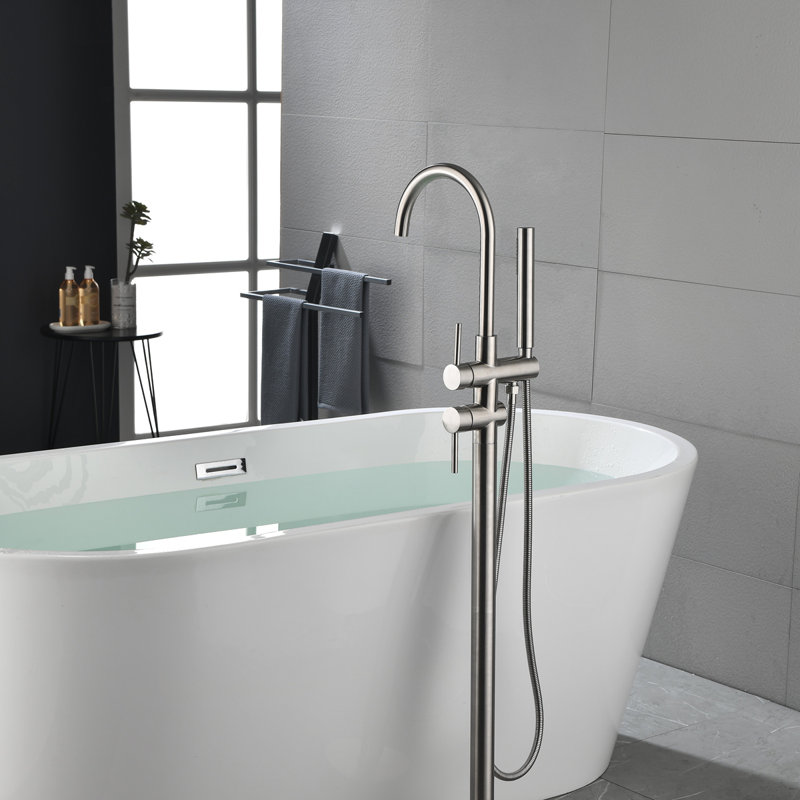Floor Mounted Tub Faucet High Flow Freestanding Tub Filler Faucet With Handheld Shower Head And Swivel Spout, Brushed Nickel