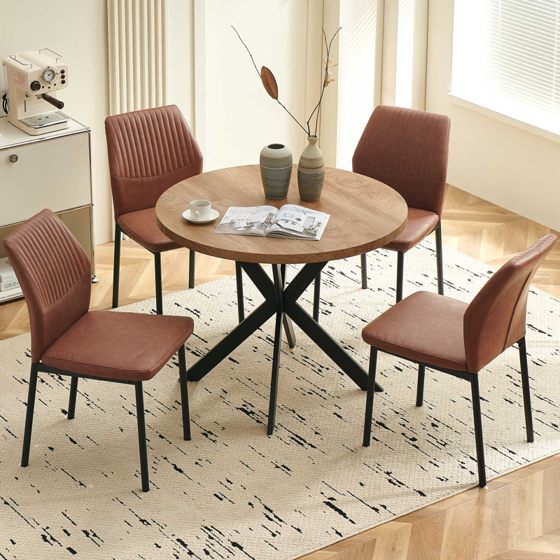 5-Piece Round Dining Table Set, 37 Inch Kitchen Table And 4 PU Leather Chairs, Brown