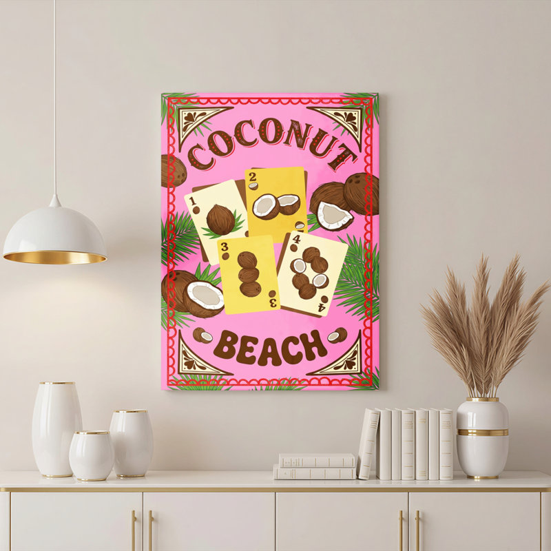 Ensemble de 1 tableau sur toile tendue représentant un palmier tropical et des noix de coco, sur fond de plage.
