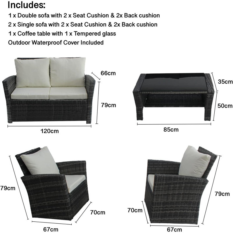 Rattan Garden Furniture Wicker Sofa Set With Chairs & Table For Outdoor Patio, Grey, Light Grey