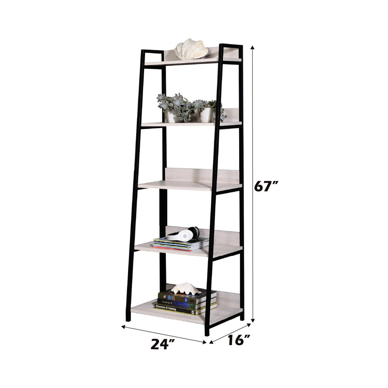 Bibliothèque autoportante rectangulaire de 24 pouces de largeur, 5 compartiments ouverts, placage de papier au fini naturel stratifié + tablettes, structure en métal noir, limite de 100 lb