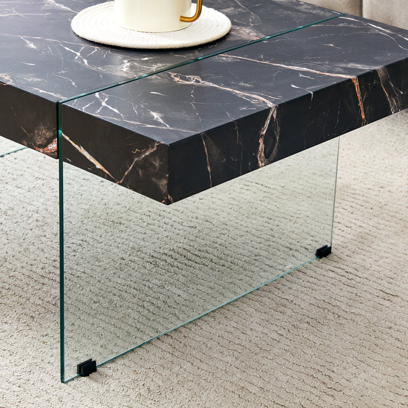 Table basse 43,3 "X 23,6" en MDF de marbre noir avec pieds en verre trempé - Décoration de salon polyvalente