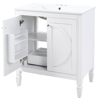 Meuble-lavabo de 30 po sans installation avec lavabo en céramique blanc, deux portes à fermeture en douceur, tablette ajustable, détails de conception réfléchie et meuble-lavabo à fermeture lente