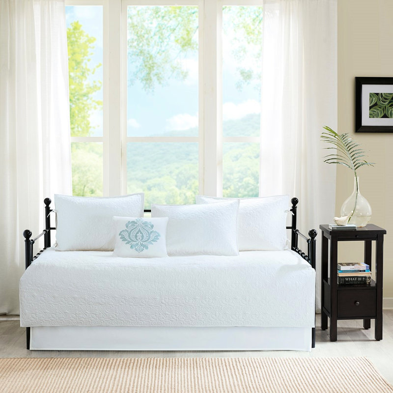Reversible Daybed Cover  ,White, 6 Piece, Mattress Compatible, Cotton Filling, Cover, , 3 Shams, Decorative Pillow, Machine Washable Bedding In Includes
