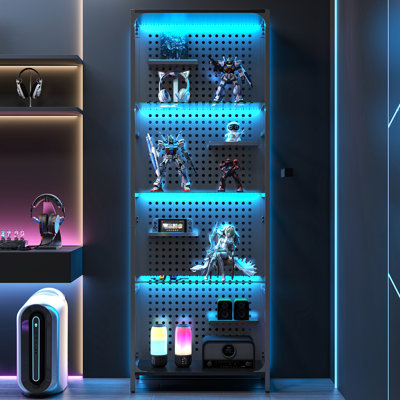 Glass Display Shelf For Collectibles, LED Black Curio Cabinet, Led Lighted Tall Narrow Shelf With Pegboard, Floor Lamp With Shelf