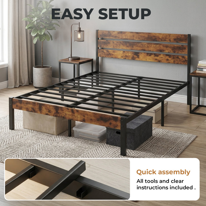  Metal Platform Bed Frame with Headboard & Footboard - No Box Spring Needed, 800LBS Sturdy Wooden Slats Support, Industrial Style