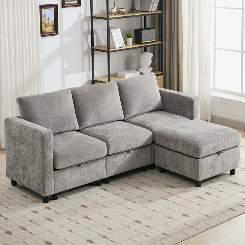  4 - Piece 82.7" Upholstered L Shape Sofa with Convertible Ottoman, Under-Seat-Storage, Light Gray Chenille
