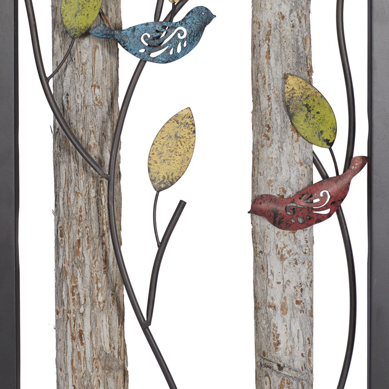 Black Metal Bird Wall Decor with Multicolored Leaves and Wood Detailing, Set of 2