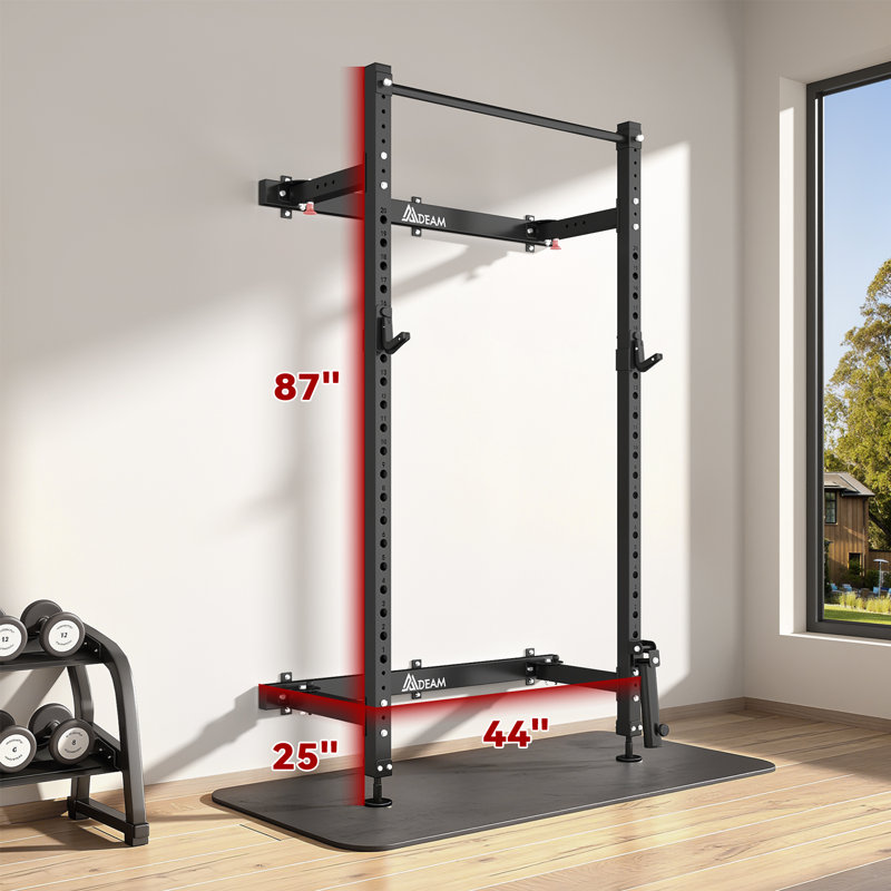 Support à squats pliable - Support mural en acier de 2,36 po x 2,36 po pour la gymnastique à domicile - Cage à squat pliable peu encombrante avec capacité de 1000 lb, barre de traction, crochets en J et mine terrestre