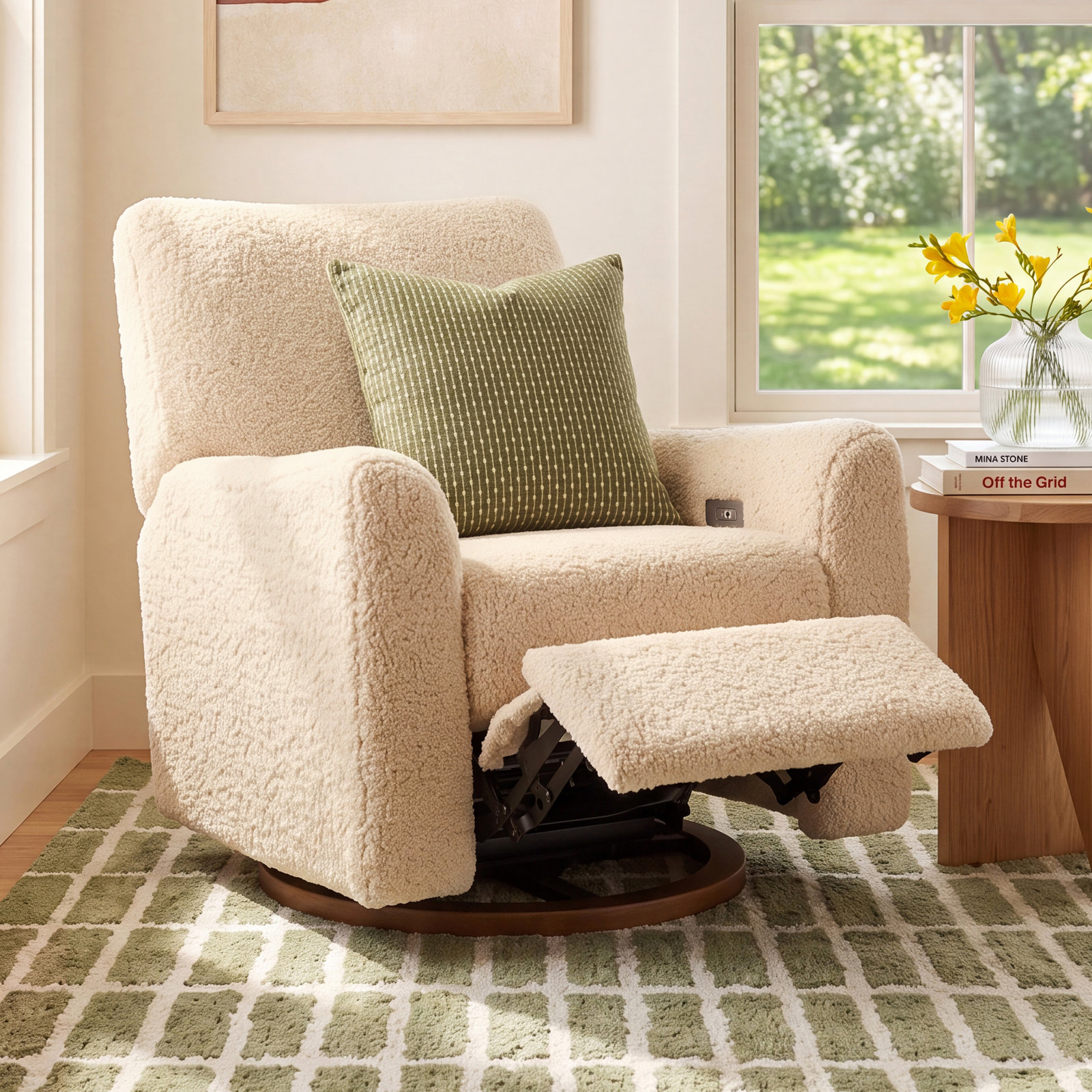 Sunday Swivel Glider, Beige Sherpa, Dark Wood