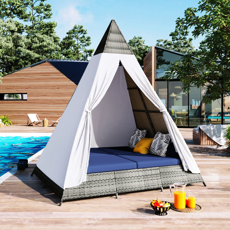 Lit de soleil d'extérieur coloré avec coussins colorés, bleu gris, forme de tente, pieds réglables, capacité de poids de 700 lb, lit de jour avec coussins, charge au sol
