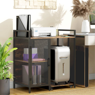 Rustic Brown Printer Table With Charging Ports. 3-level Adjustable Shelf For Office. Movable Stand Brake Pads. Contemporary Home Office Industrial Desk . Brown, Shelf, Use