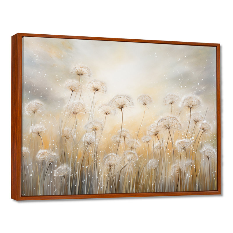 Pissenlit champ brise - art mural champ de fleurs, H 12 po x l 20 po, Reproduction avec cadre flottant, Brown