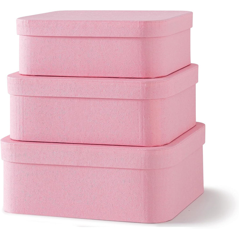 Set Of 3 Textured Pink Boxes With Rounded Edges, Decorative Cardboard Boxes With Lids, Nesting Gift Storage, Large Paperboard Containers For Organizing And Keepsakes