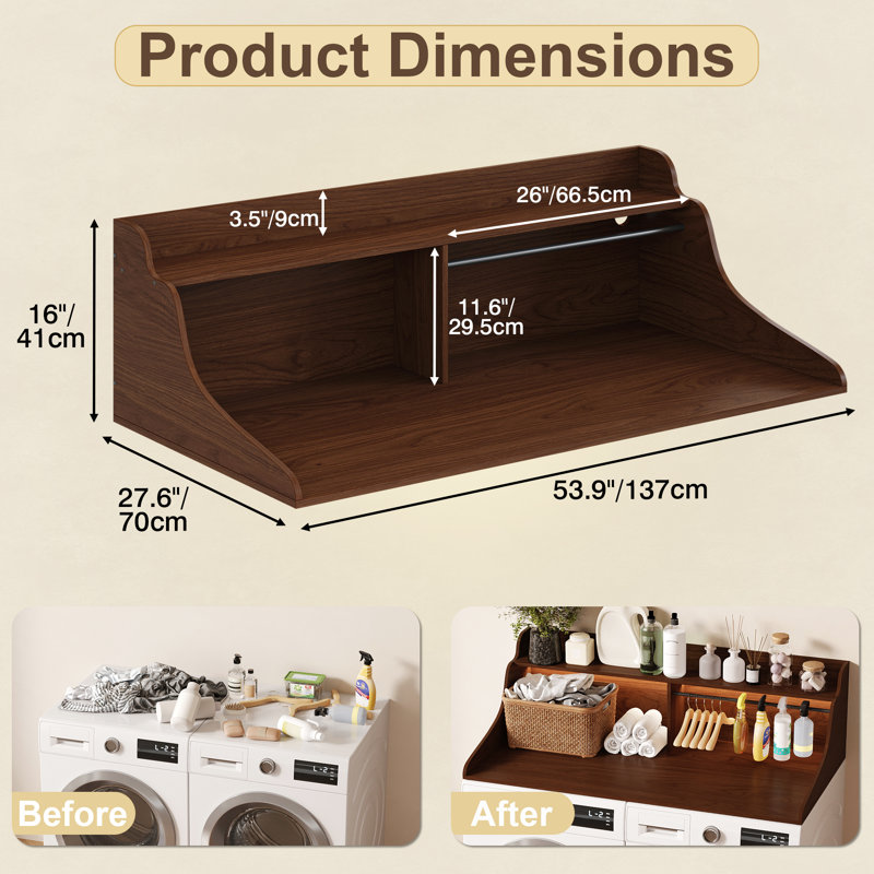 54” Washer Dryer Countertop with LED Light, Wooden Washer Dryer Topper with 2-Tier Shelves and Hanging Rod, Walnut, Brown