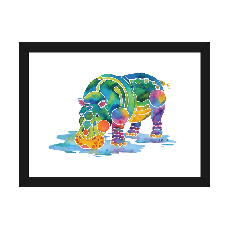 Hippopotame de Jo Lynch - impression d'art graphique, Papier encadré noir, Blanc, H 16 po x l 24 po x P 1 po