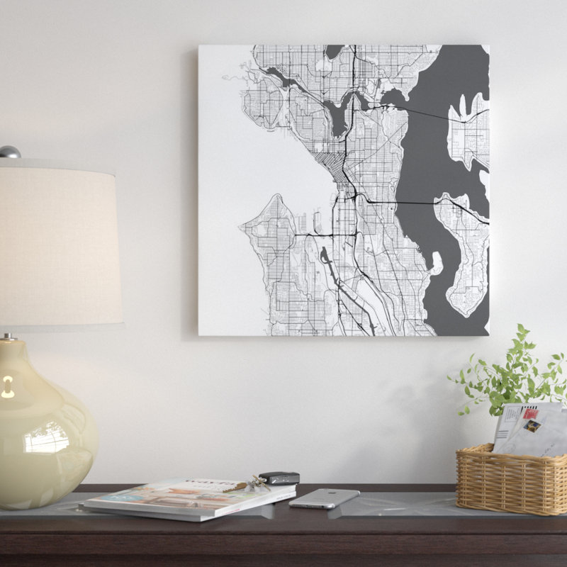 « seattle routes », impression sur toile tendue grise, H 26 po x l 26 po x P 1,5 po, Toile avec cadre noir, Pas de tapis