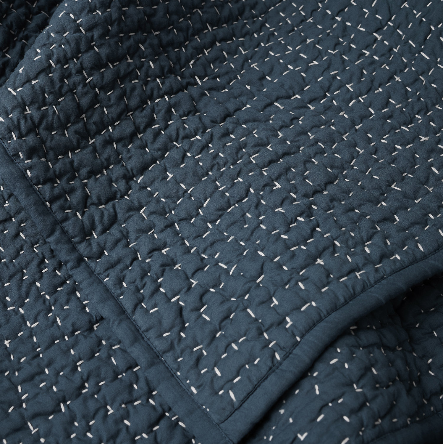 Pebbled Organic Cotton Quilt Set, Full/Queen Quilt, Midnight Indigo