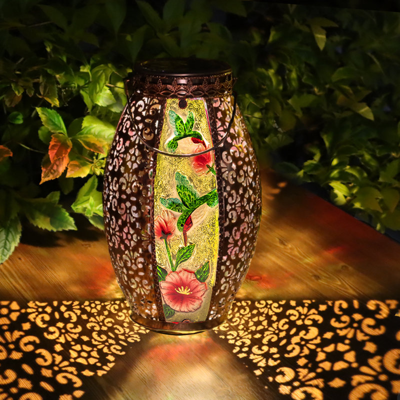 13.7" Solar Lanterns Outdoor Hanging Light Hummingbird  LED Glass Light