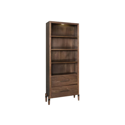 80 Inch High Bookcase With Led Lighting, Three Shelves, Two Drawers, Walnut Finish, Mid - Century Legs, Antique Bronze Hardware, Made Of Poplar Solids, Minimal Assembly Tranquility Inches Tapered And