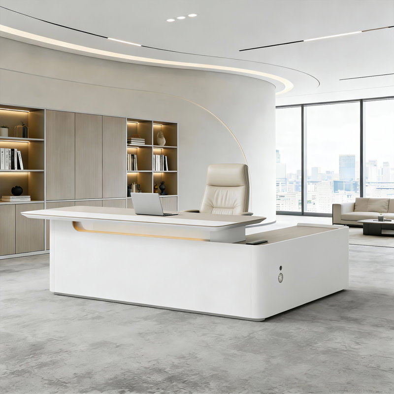 Bureau de direction ergonomique moderne en L - Conception de bureau spacieuse et multifonctionnelle