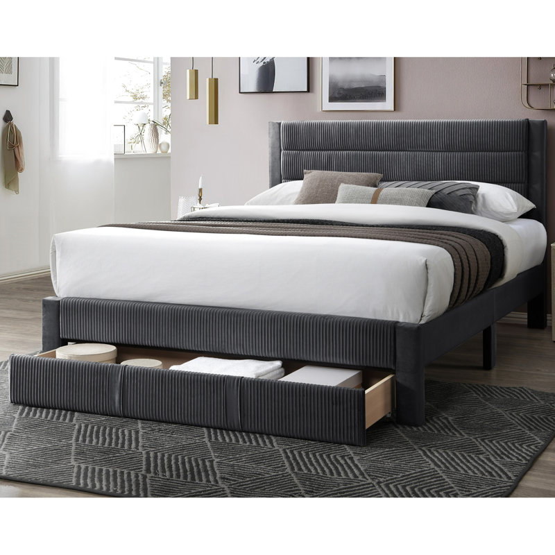 Lit Queen contemporain contemporain - Velours côtelé gris foncé avec cube de rangement sous le lit et revêtement de luxe gris anthracite