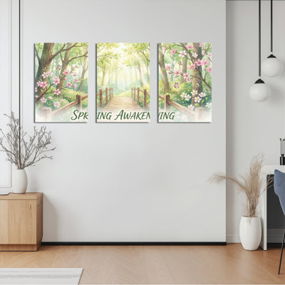 «Spring Awakening Floral Forest Path», reproduction d'art sur toile tendue sur toile, ensemble de 3, pour salon, chambre à coucher, décoration intérieure